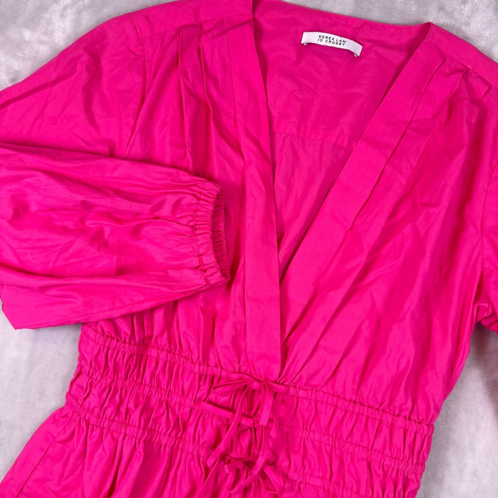 Derek Lam 10 Crosby Emma Smocked Tiered Mini Dress Hot Pink Cotton V-Neck *